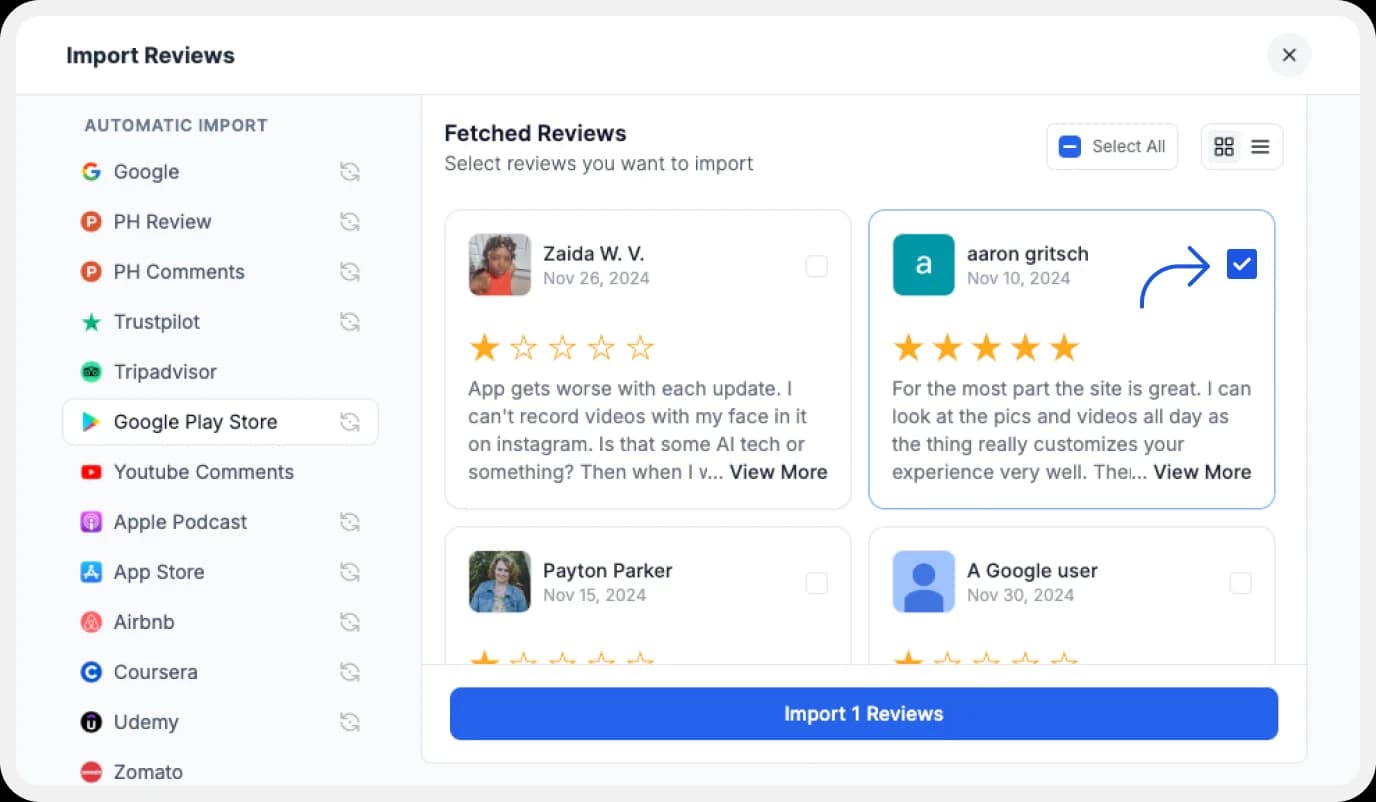 Selecting preferred play store reviews for import