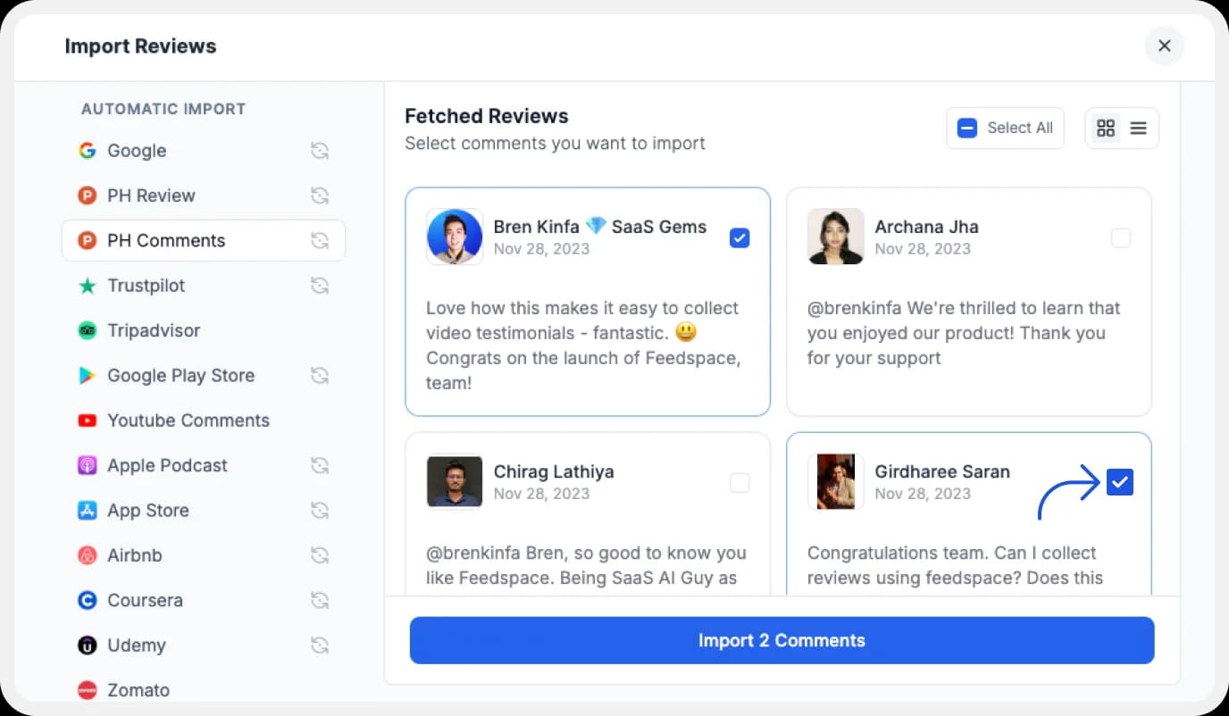 Selecting Favorites Product Hunt Comments to import