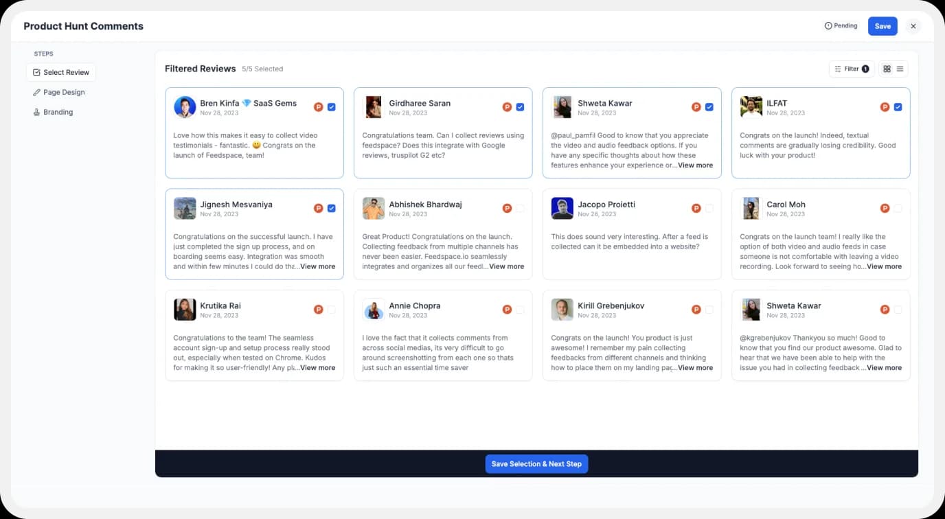 Product Hunt comments to add on website using wall of love