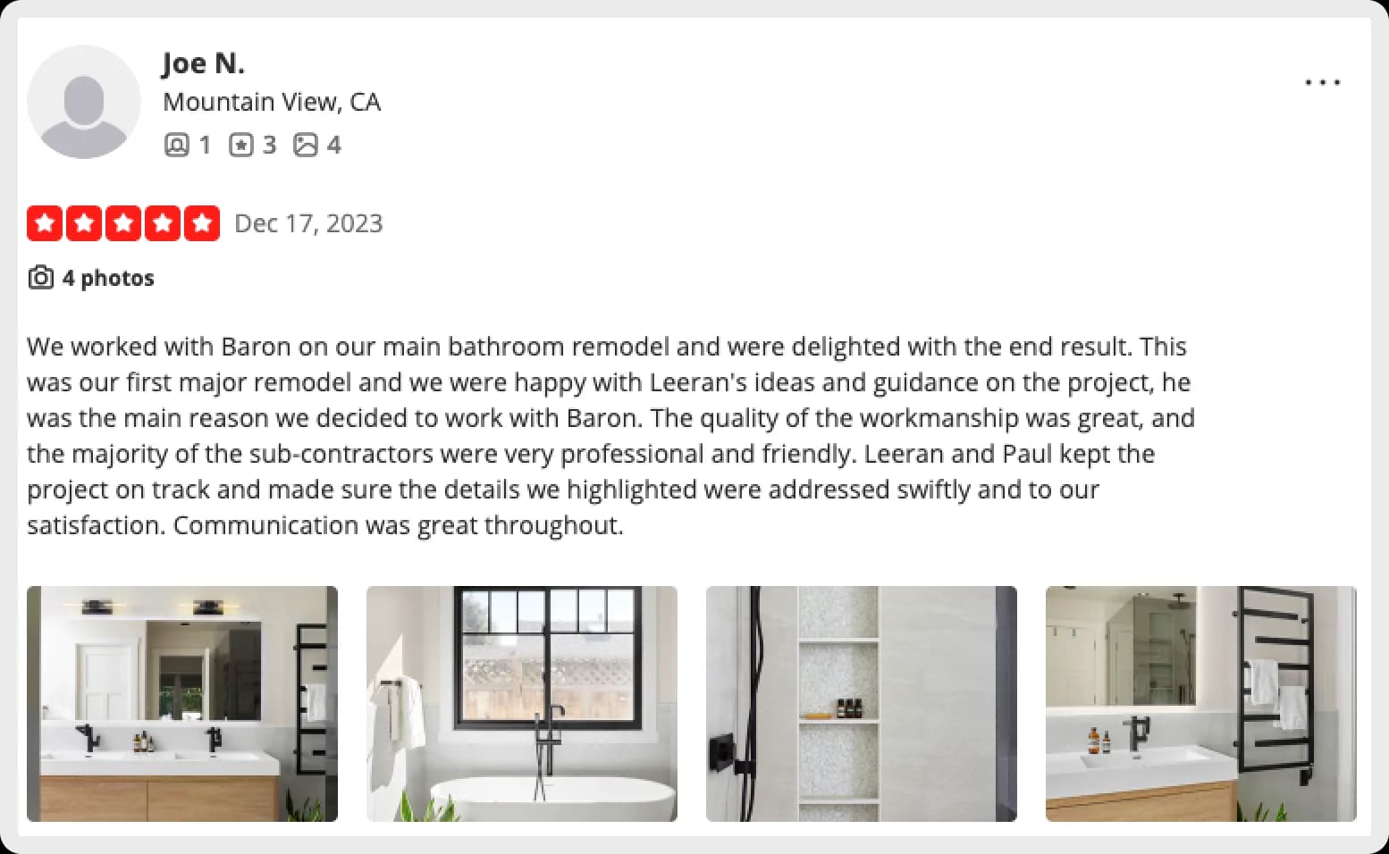 Positive review of bathroom remodel with photos of the final design