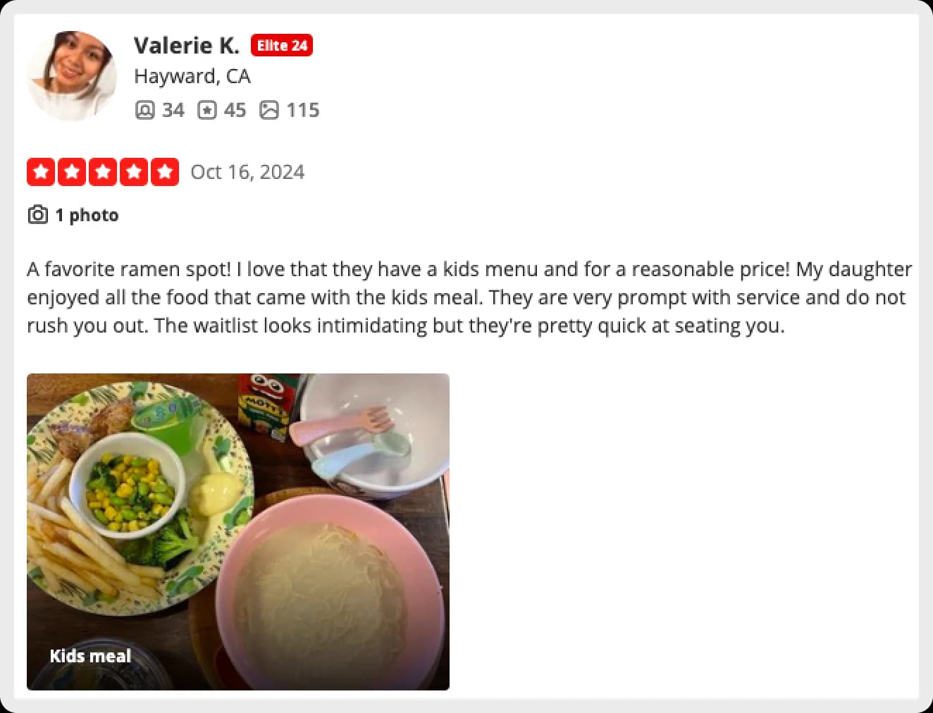 Valerie K.'s Yelp review on kid-friendly ramen restaurant.