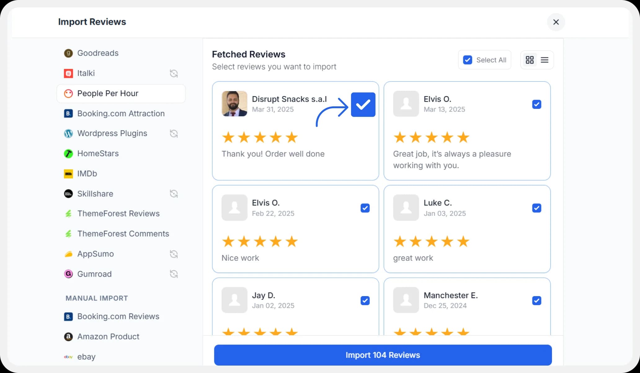 Choosing PeoplePerHour reviews reviews to import