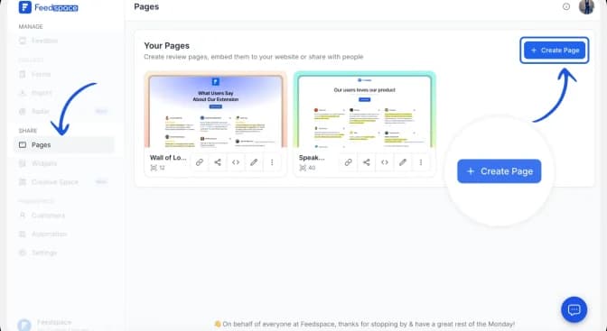 Create Page button in the Feedspace Pages section