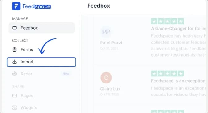 Import option in the Feedspace left side panel
