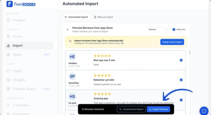 Select the fetched App Store reviews you want to import