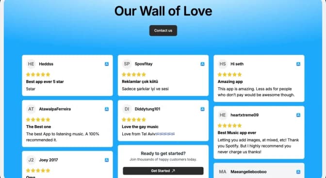 Wall of Love displaying imported App Store reviews