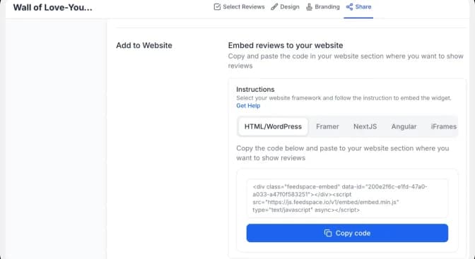 Copy the embed code to add YouTube comments to your website