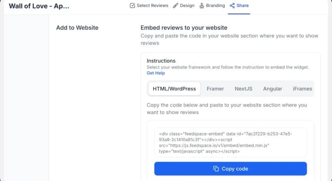 Copy the embed code to add App Store reviews to your website