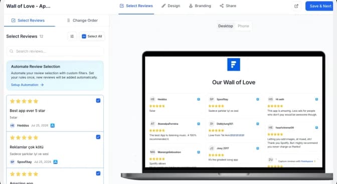Select App Store reviews for your Wall of Love and click Save and Next