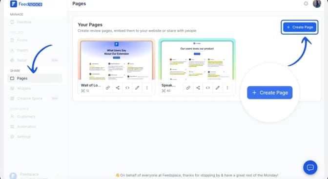 Create Page button in the Feedspace Pages section