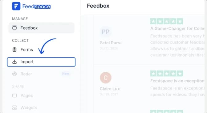 Import option in the Feedspace left side panel