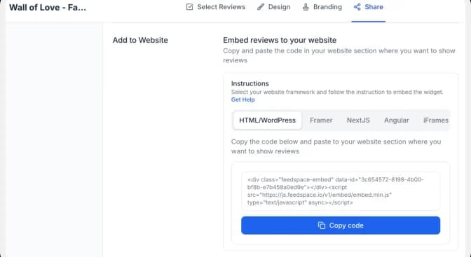 Copy the embed code to add Facebook reviews to your website