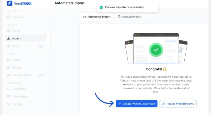 Reviews imported successfully message in Feedspace